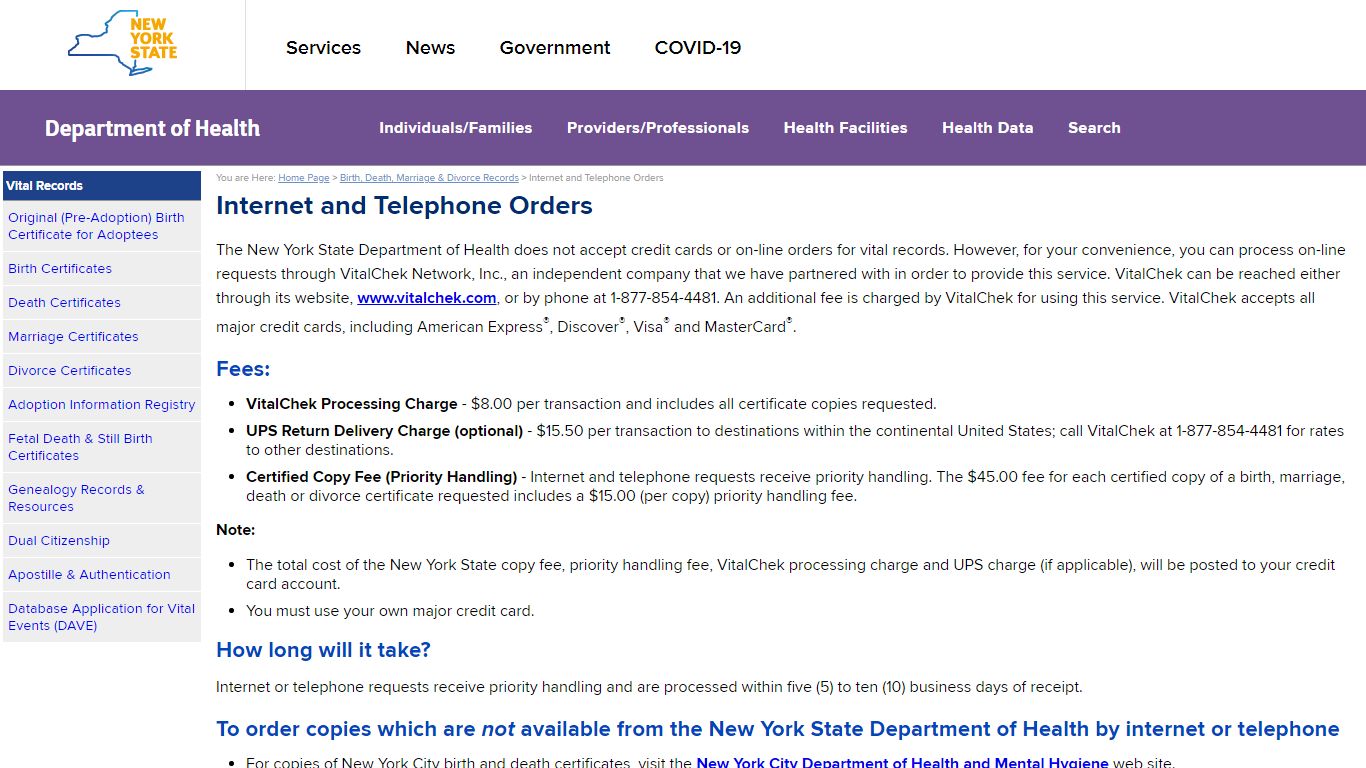 Internet and Telephone Orders - New York State Department of Health